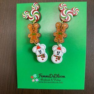 Peppermint Gingerbread & Snowman Mouse Stacked Acrylic Drop Earrings